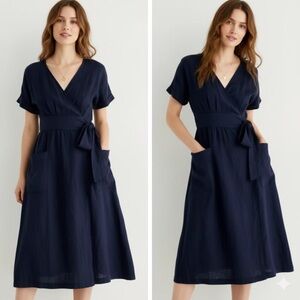 Grae Cove Frankie 100% Linen Navy Blue Pocket Wrap Belted Midi Dress Size L